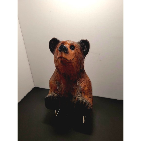 Vintage Hand Carved Bear Solid Wood Marble Eyes Medium 12" Monterey CA Wharf - Picture 2 of 16